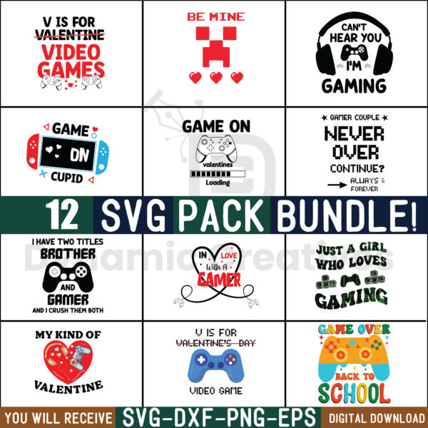 GAME VALENTINE BUNDLE, 12 VALENTINE SVG BUNDLE