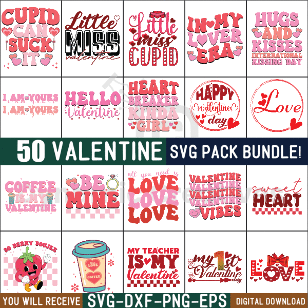 50 Valentines SVG Bundle, Retro Valentine Valentine's Day,Sublimate Design Bundle Designs,